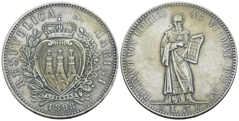 SAN MARINO, 5 Lire del 1898, Moneta in Argento