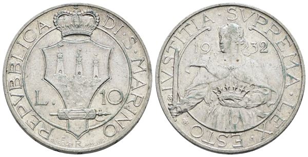 SAN MARINO. Vecchia monetazione (1864-1938). 10 lire 1932. Ag; 10gr; Gig.11; BB/SPL