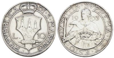 Moneta di San Marino, 10 Lire, 1933, Argento, 10g, Gig. 12