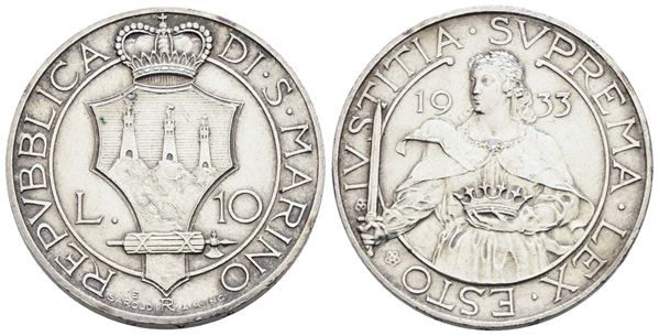SAN MARINO. Vecchia monetazione (1864-1938). 10 lire 1933. Ag; 10gr; Gig.12; BB/SPL