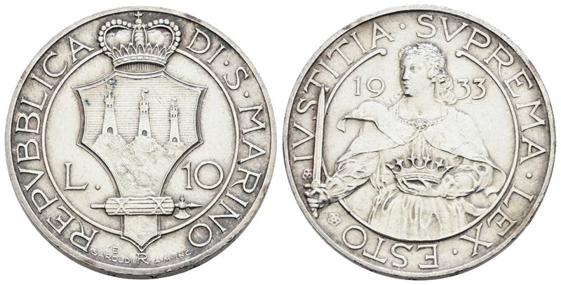 Moneta di San Marino, 10 Lire, 1933, Argento, 10g, Gig. 12