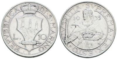 Moneta di San Marino, 10 lire 1935, Ag, 10 gr, Gig. 13