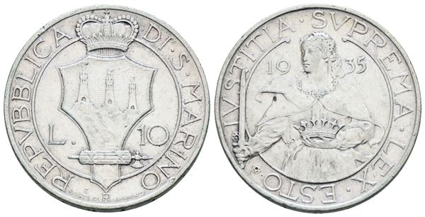 SAN MARINO. Vecchia monetazione (1864-1938). 10 lire 1935. Ag; 10gr; Gig.13; BB/SPL