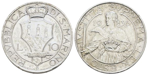 SAN MARINO. Vecchia monetazione (1864-1938). 10 lire 1936. Ag; 10gr; Gig.14; Q.SPL