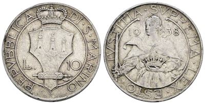 Moneta di San Marino, 10 Lire del 1938, Argento, Rara