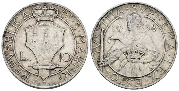 SAN MARINO. Vecchia monetazione (1864-1938). 10 lire 1938. Ag; 10gr; Gig.16; Raro; BB/SPL
