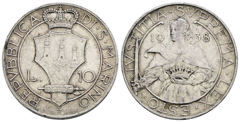 Moneta di San Marino, 10 Lire del 1938, Argento, Rara