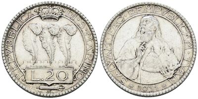 San Marino, 20 lire 1931, Vecchia monetazione (1864-1938), Ag, 15gr, Gig.2, BB/SPL