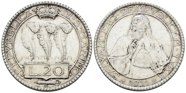 SAN MARINO. Vecchia monetazione (1864-1938). 20 lire 1931. Ag; 15gr; Gig.2; BB/SPL