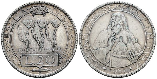 SAN MARINO. Vecchia monetazione (1864-1938). 20 lire 1931. Ag; 15gr; Gig.2; BB/SPL