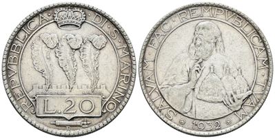 San Marino, 20 Lire, 1932, Argento, 15g, Gig. 3, BB+