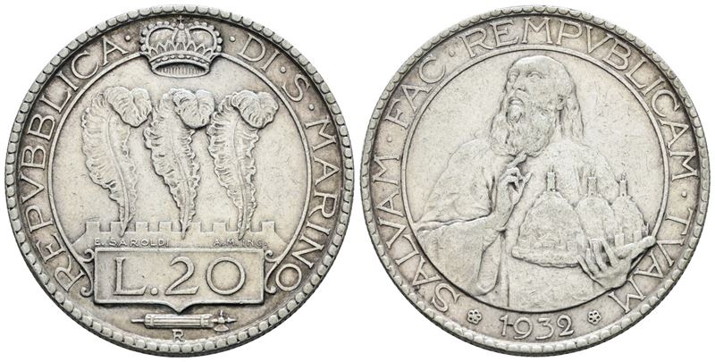 San Marino, 20 Lire, 1932, Argento, 15g, Gig. 3, BB+