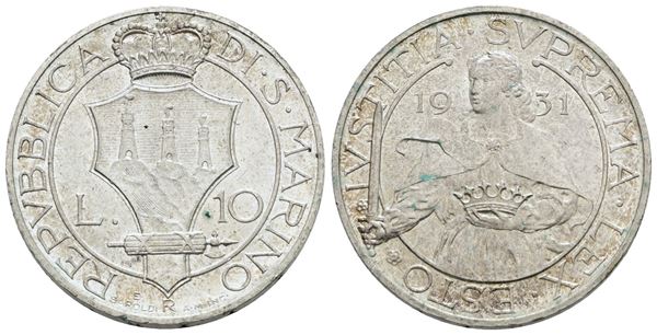 SAN MARINO. Vecchia monetazione (1864-1938). 10 lire 1931. Ag; 10gr; Gig.10; SPL/FDC