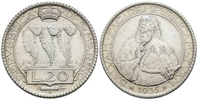 SAN MARINO, 20 lire 1935, Vecchia monetazione (1864-1938), Ag; 15g; Gig. 10