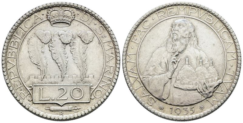SAN MARINO, 20 lire 1935, Vecchia monetazione (1864-1938), Ag; 15g; Gig. 10