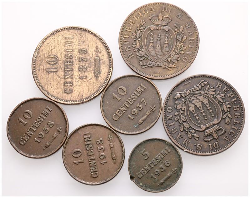 San Marino. Vecchia Monetazione (1864-1938). Lotto da 7 Monete da 10 e 5 Centesimi; Cu; Date e Co...