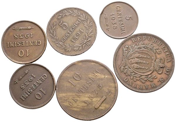 SAN MARINO. Vecchia monetazione (1864-1938). Lotto da 6 monete da 10 e 5 centesimi; Cu; Date e conservazioni varie.