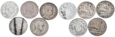 Regno d'Italia, Lotto di 5 monete da 1 lira - Umberto I e Vittorio Emanuele III, Argento; Date e ...