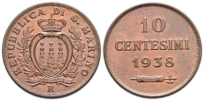 Moneta di San Marino, 10 centesimi 1938, rame rosso