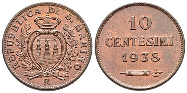 SAN MARINO. Vecchia monetazione (1864-1938). 10 centesimi 1938. Cu; 5,4gr; Gig.36; FDC rame rosso