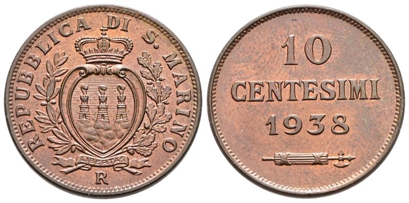 Moneta di San Marino, 10 centesimi 1938, rame rosso