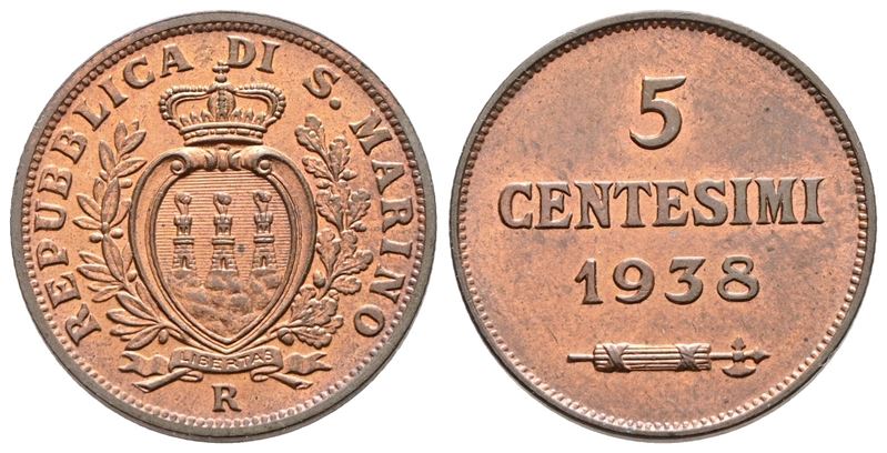 San Marino, 5 centesimi (1938), rame rosso, Gig.43
