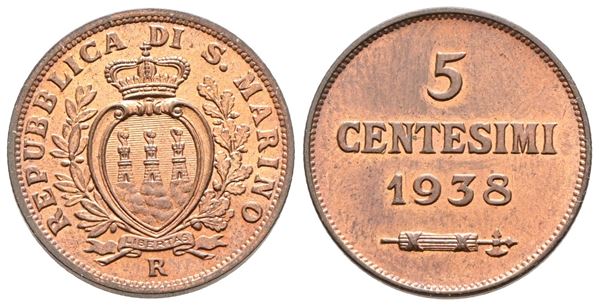 SAN MARINO. Vecchia monetazione (1864-1938). 5 centesimi 1938. Cu; 3,25gr; Gig.43; FDC rame rosso