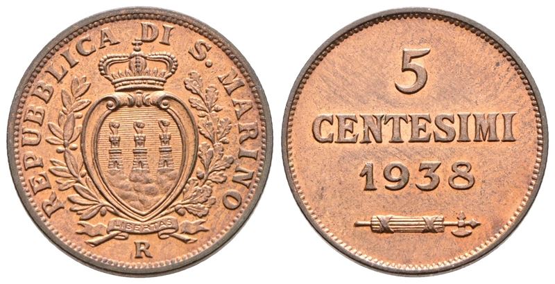 SAN MARINO, 5 centesimi 1938, Vecchia monetazione, rame rosso