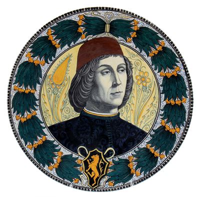 Piatto con ritratto in maiolica, 1885