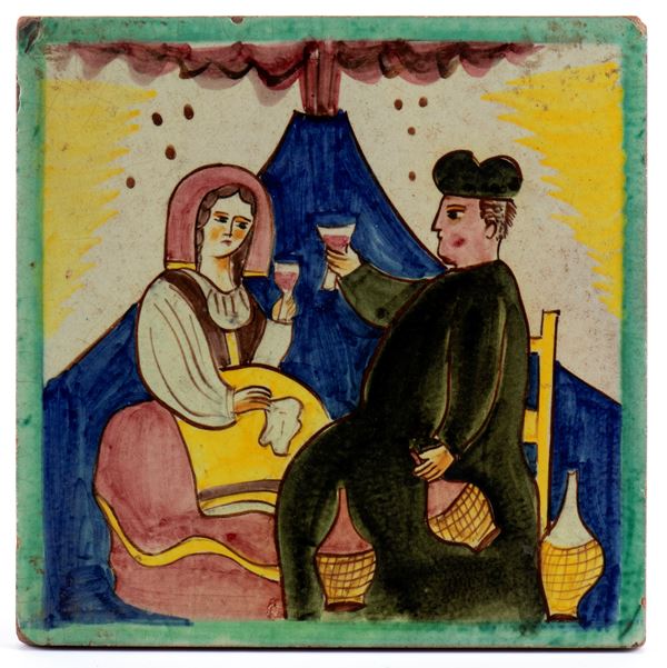 Mattonella vietrese con Vesuvio in eruzione