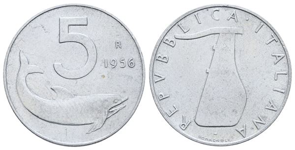 REPUBBLICA ITALIANA (1946-2001). 5 lire 1956 "Delfino". It; Gig.287; Raro; BB
