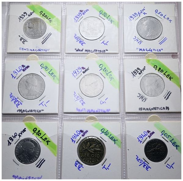 ALBANIA. Vittorio Emanuele III (1939-1943). Lotto di 9 monete. Nominali, date, metalli e conservazioni varie.