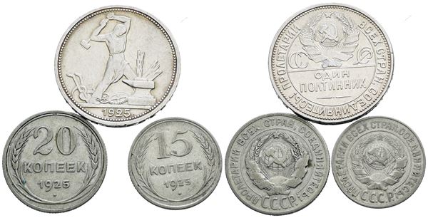 URSS. Lotto di 3 monete da 50, 20, 15 copechi 1925. Ag; Conservazioni varie.