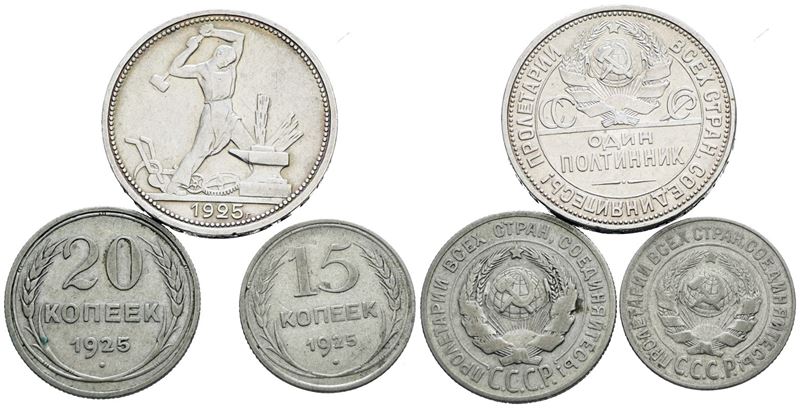 Russia. Urss. Lotto di 3 Monete da 50, 20, 15 Copechi 1925. Ag; Conservazioni Varie.