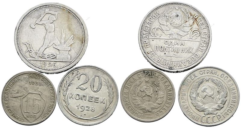 URSS, Lotto di tre monete da 50, 20 e 15 copechi in argento