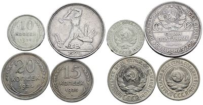 Lotto di 4 monete sovietiche, 50, 20, 15 e 10 copechi, Argento, Datazioni e conservazioni varie