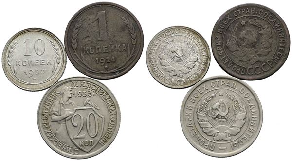 URSS. Lotto di 3 monete da 20, 10, 1 copechi. Ag e Cu; Date e conservazioni varie.