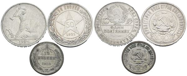 URSS. Lotto di 3 monete da 50 copechi 1921, 1924; 10 copechi 1923. Ag; Conservazioni varie.