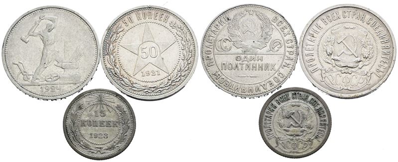 Lotto di 3 monete sovietiche, 50 copechi 1921, 1924; 10 copechi 1923, argentate