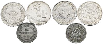 Monete Sovietiche, Lotto di 3 monete da 50 copechi (1921, 1924) e 20 copechi (1923), Argento