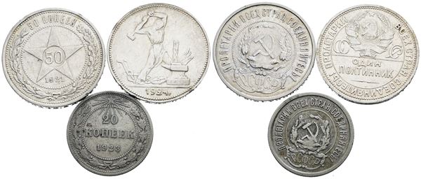 URSS. Lotto di 3 monete da 50 copechi 1921, 1924; 20 copechi 1923. Ag; Conservazioni varie.