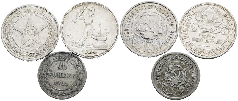 Monete Sovietiche, Lotto di 3 monete da 50 copechi (1921, 1924) e 20 copechi (1923), Argento