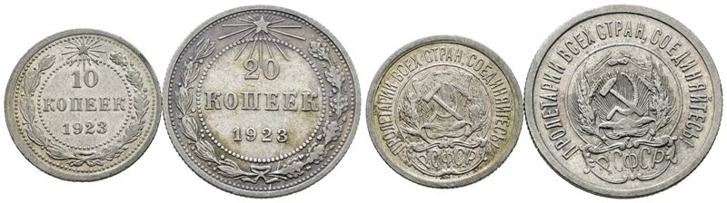 URSS, Lotto di 2 monete da 20 e 10 copechi del 1923, argento