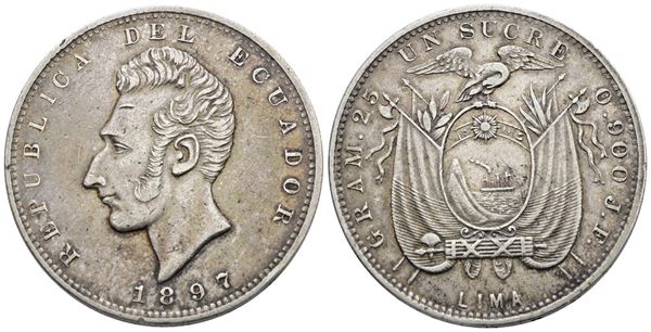 ECUADOR. 1 sucre 1897. Ag; 25gr; KM 53; BB/SPL