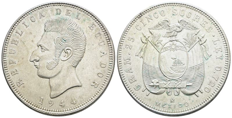 ECUADOR. 5 sucre 1944. Ag; 25gr; KM 79; SPL