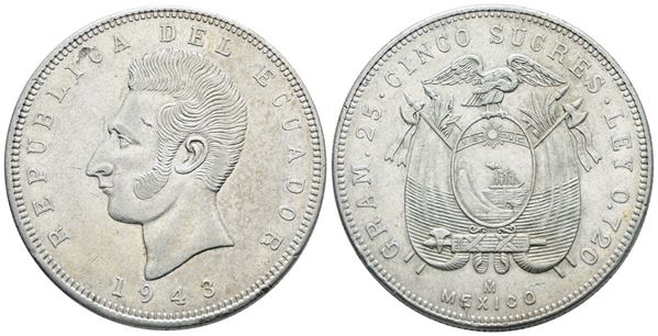 ECUADOR. 5 sucres 1943. Ag; 25gr; KM 79; SPL