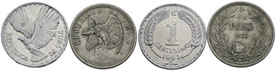 CILE, Lotto di 2 monete: 1 peso 1933 e 1 centesimo 1961
