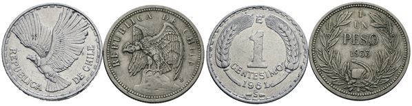 CILE. Lotto di 2 monete da 1 peso 1933, 1 centesimo 1961. Metalli e conservazioni varie.