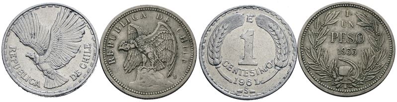 CILE, Lotto di 2 monete: 1 peso 1933 e 1 centesimo 1961