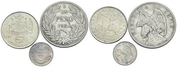 CILE. Lotto di 3 monete di cui 2 in argento. Nominali, date e conservazioni varie.